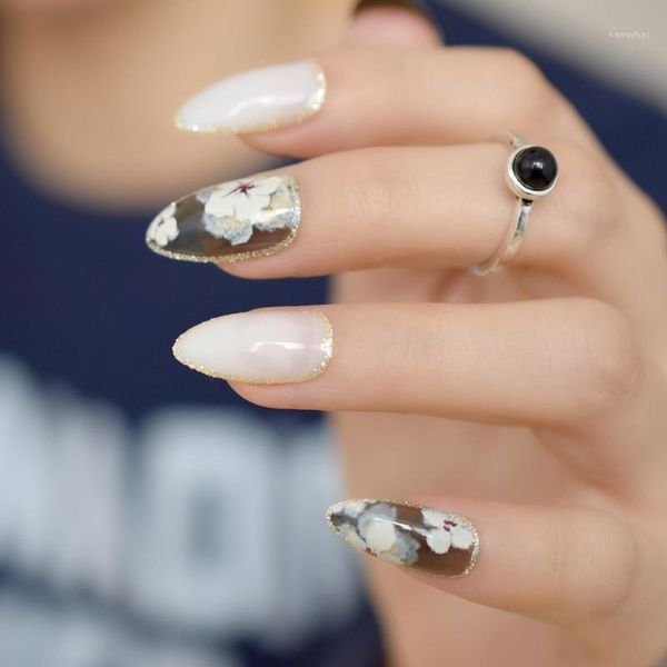 

white jade false nails stiletto flower stamp clear black silver glitter decor sharp pointed full fake wear nail tips1, Red;gold