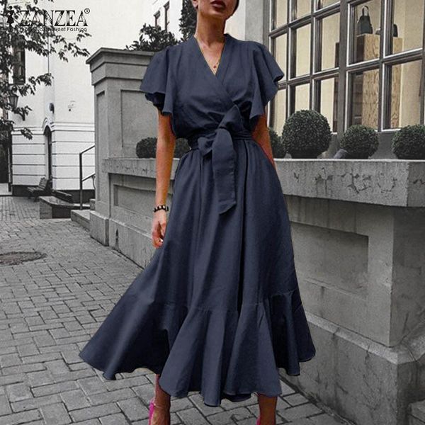 

elegant women's ruffle dress 2021 casual summer belted maxi vestidos ladies short sleeve v-neck robe femme oversized dresses, Black;gray