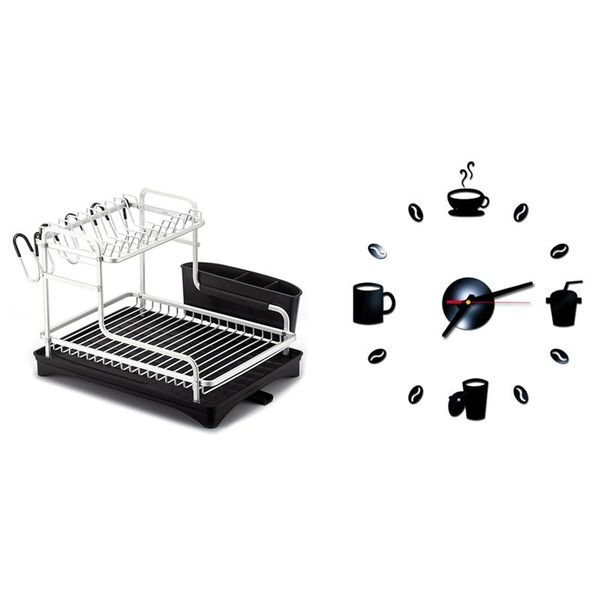 

pcs dish rack drainer kitchen storage drying shelf & 1 acrylic wall clock diy sticker (without battery) clocks