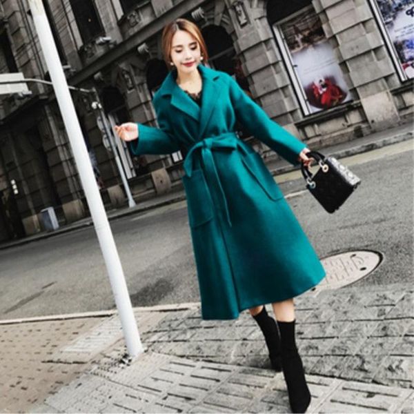 

women's wool & blends fashion women winter coat autumn korean solid color woolen ladies long jacket slim thick warm overcoat, Black