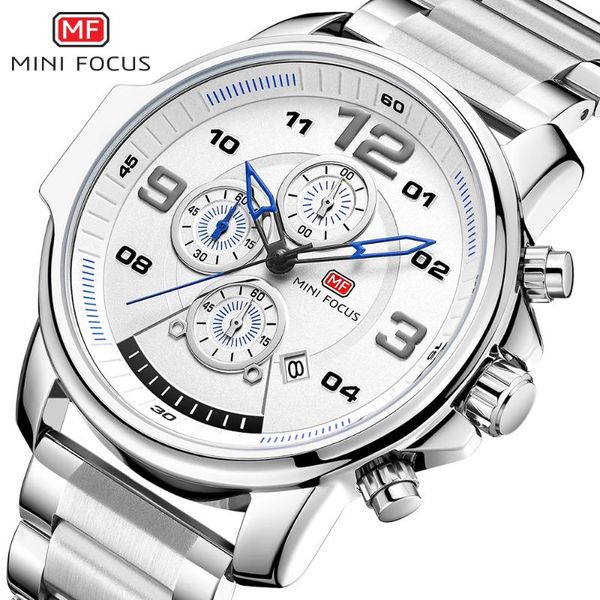 

wristwatches sport chronograph men watches mini focus full steel quartz clock waterproof big dial watch, Slivery;brown