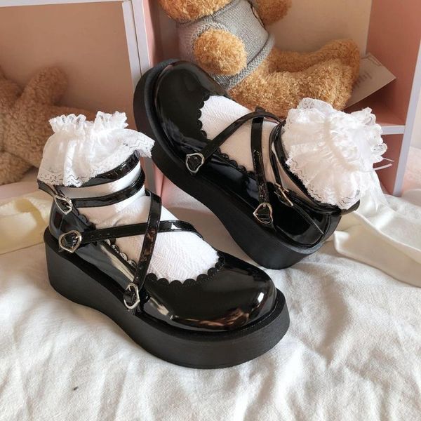 

dress shoes women loli sweet lolita platform round head thick heel cross bandage kawaii cosplay mary jane 2021, Black