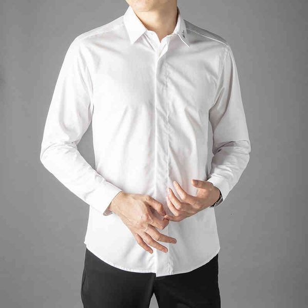 

tee shirt shirt luxury brand men shirt solid color slim business male shirts elegant embroidery long sleeve chemise homme cotton camisas, White;black
