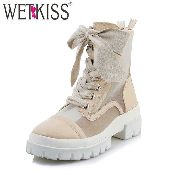 

wetkis motorcycle boots women cross tied footwear leather casual mesh female boots thick heels platform shoes woman summer 210630, Black