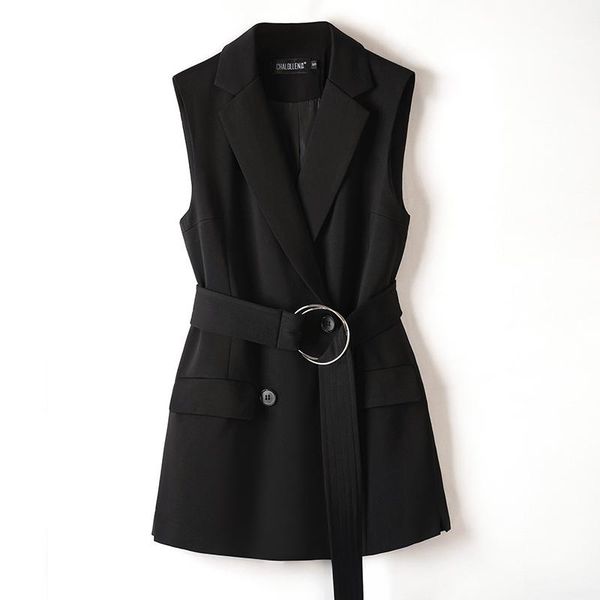 

women's vests women elegant sleeveless long vest double breasted waistcoat solid feminine workwear black belt western suit, Black;white