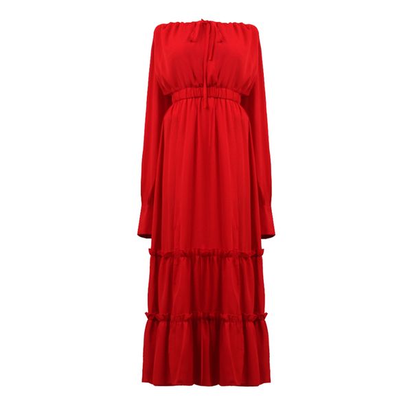 

red solid slash neck long sleeve maxi dress off the shoulder d1750 210514, Black;gray