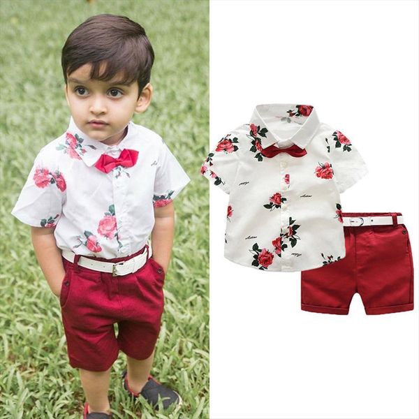 

1 7y summer toddler baby boys gentleman clothes 2pcs short sleeve single breasted bow print shirts red shorts, White