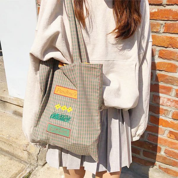 

women embroidery cloth shopping bags fashion plaid female canvas shoulder bag simple student girls daily casual tote handbags l0