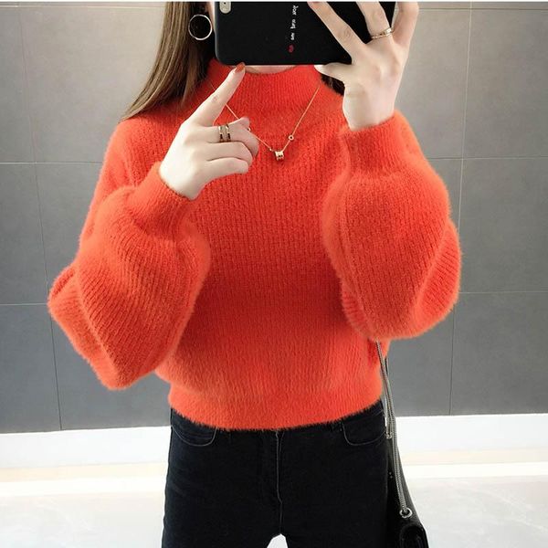 

women's sweaters women winter water velvet korean warm turtleneck sweater mohair female lantern sleeve casual solid color pullover, White;black
