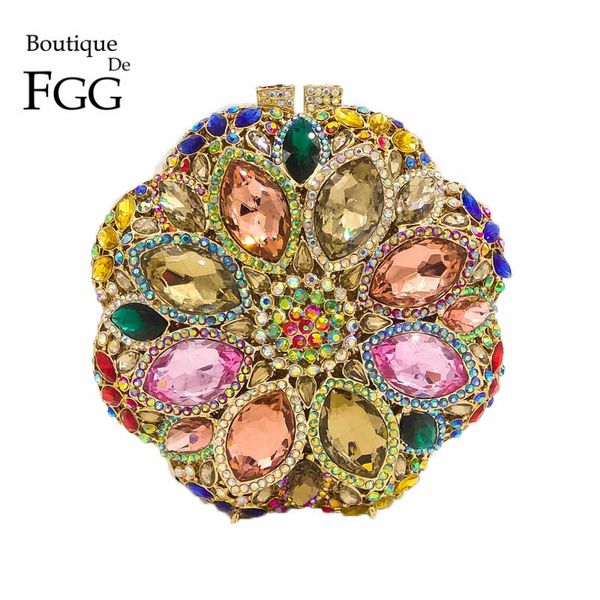 

circular round ladies gold crystal evening clutch bag rhinestones bridal wedding clutches purse women party mini dinner handbags 220211