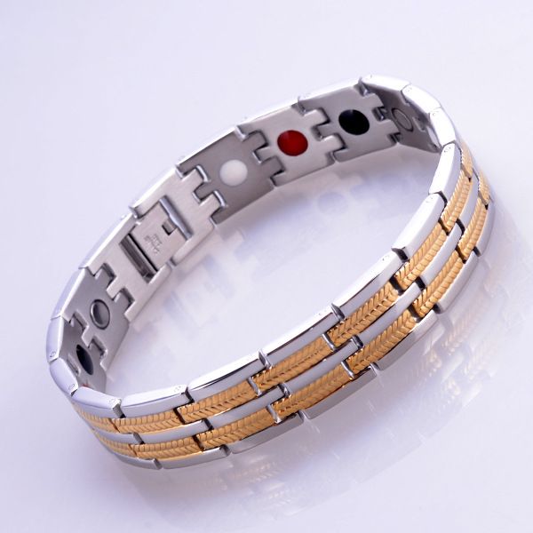 Super saúde de aço inoxidável de aço inoxidável enlouquecimento de energia magnética braceletes 4 em 1 bio com íons infravermelho de germânio ímã ímã moda jóias para homens prata ouro de alta qualidade
