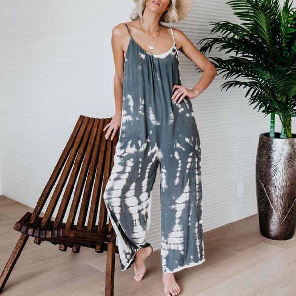 

women's jumpsuits & rompers women summer casual sleeveless spaghetti straps tie dye backless loose jumpsuit overall female beach holida, Black;white