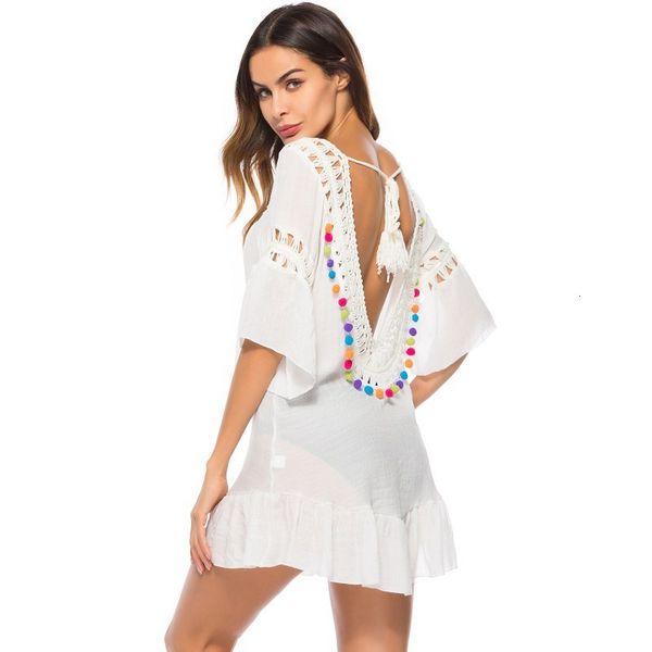 

women's swimwear women summer beach bikini bathing suit cover ups ruffle sleeve swimsuit dresses tassel backless pompom blous, White;black