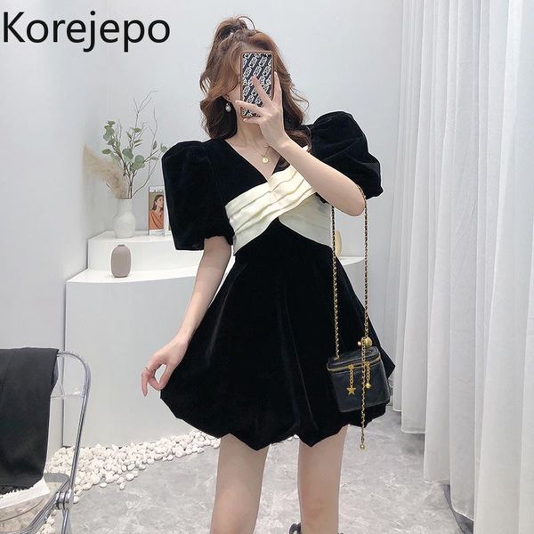 

party dresses korejepo women black velvet dress 2021 autumn french retro elegant v-neck puff sleeve contrast color stitching a-line, White;black