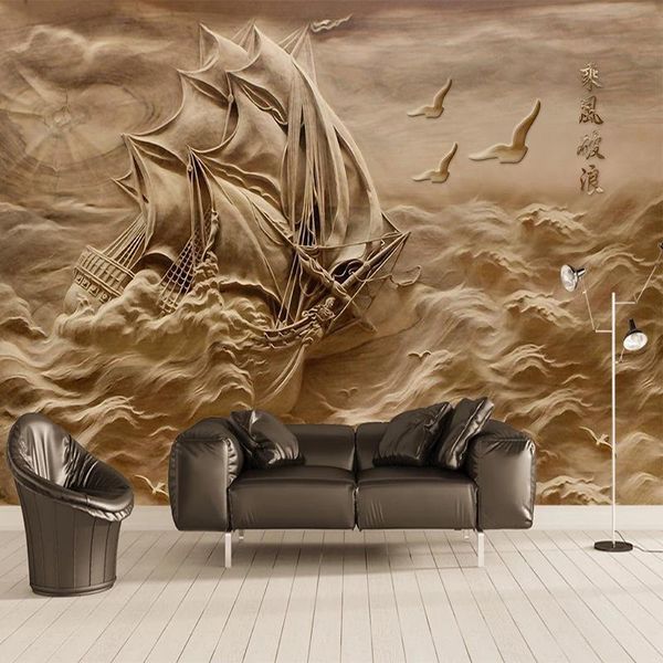 Sfondi Murale personalizzato Carta da parati 3D Stereoscopico in rilievo Onde del mare Barca a vela Sfondo Po Pittura murale Studio Soggiorno Papier Peint