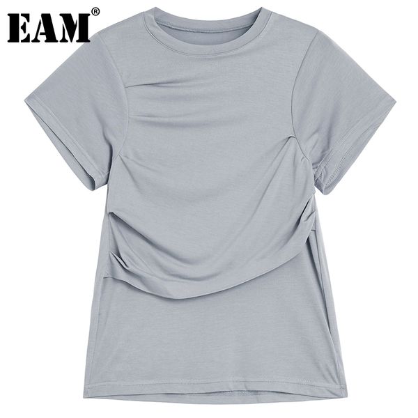 

[eam] women black casual brief asymmetrical ruched t-shirt round neck short sleeve fashion spring summer 1dd8500 210512, White