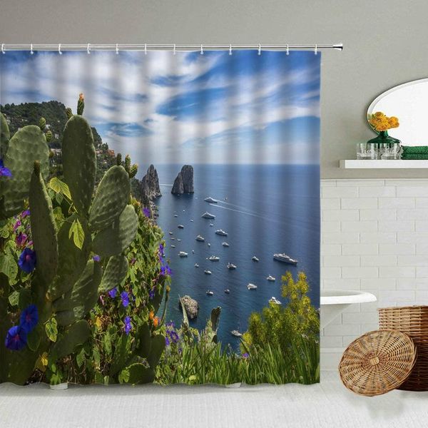 

shower curtains tropical cactus ocean scenery curtain green plant desert nature landscape bathroom wall decor with hook waterproof screen