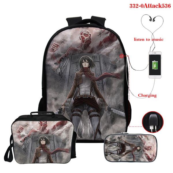 

backpack 3set/pcs attack on titan print schoolbag men/women shoulder travel bag hip hop lunch teens girls backpacks
