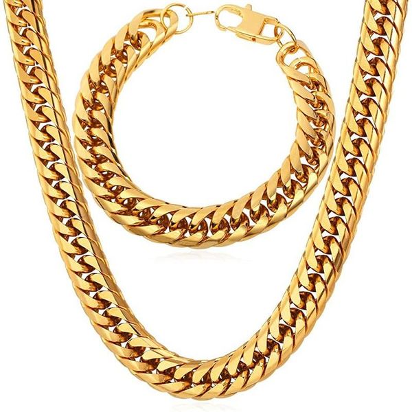 

chains men thick chain necklace bracelet set stainless steel 18k gold plated 12mm wide franco curb gift for father or boyfriend, Silver