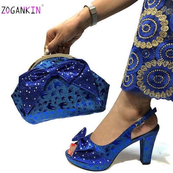 Sapatos de vestido Royal Blue Moda casamento e saco definir Últimas bombas de mulheres do estilo africano para combinar para festa