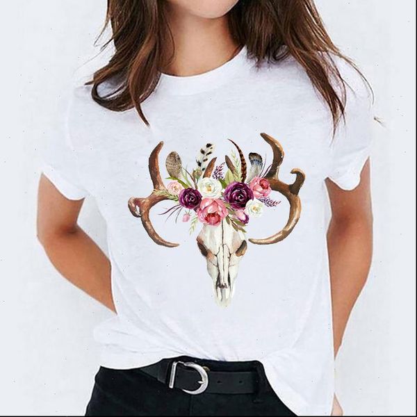 

90s cute skull heifer womens t shirt feather fashion print graphic tee, White