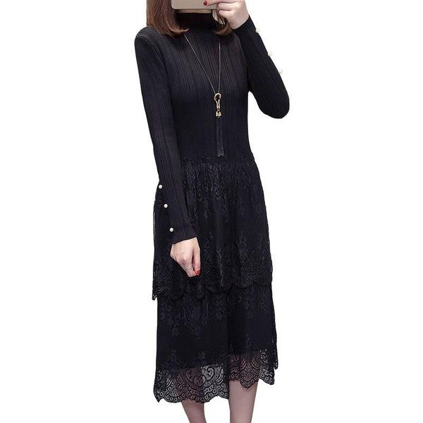 

casual dresses large size sweater winter women's fashion lace patchwork knit dress loose long sleeve blusa knitwear 4xl vestidos f1700, Black;gray