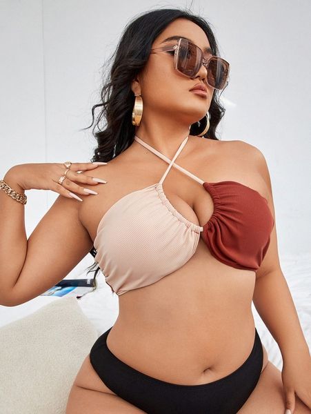 

plus colorblock cross halter bikini l9m2#, Black