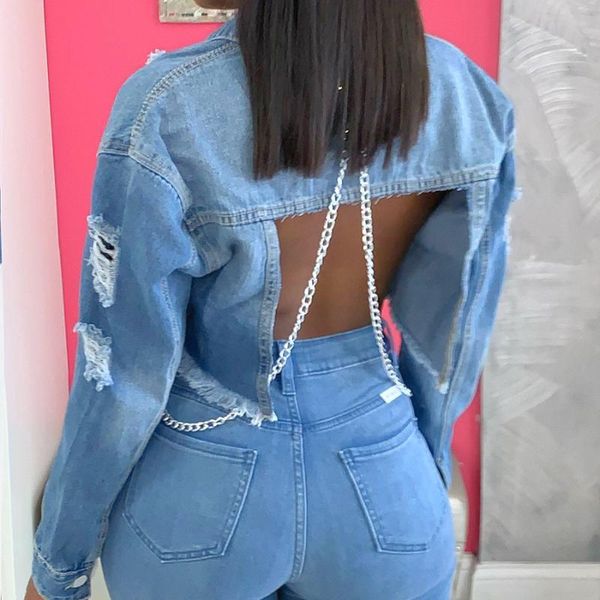 

women's jackets backless chains cropped denim jacket women fashion plus size ripped holes tassel short jeans chaqueta drop, Black;brown