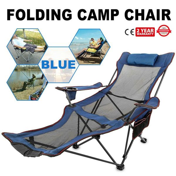 

reclining folding camp chair with footrest cup holder outdoor lounge blue furniture