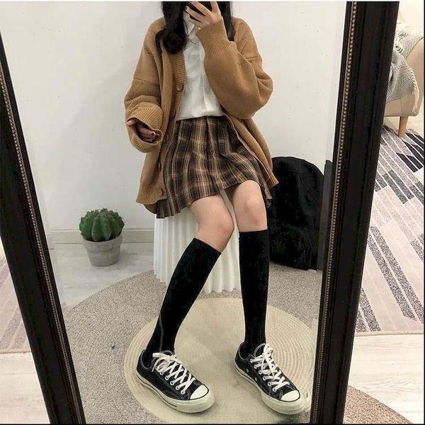 

spring and autumn japanese womens skirt preppy style pleated student plaid high waist harajuku jk women skirts korean, Black