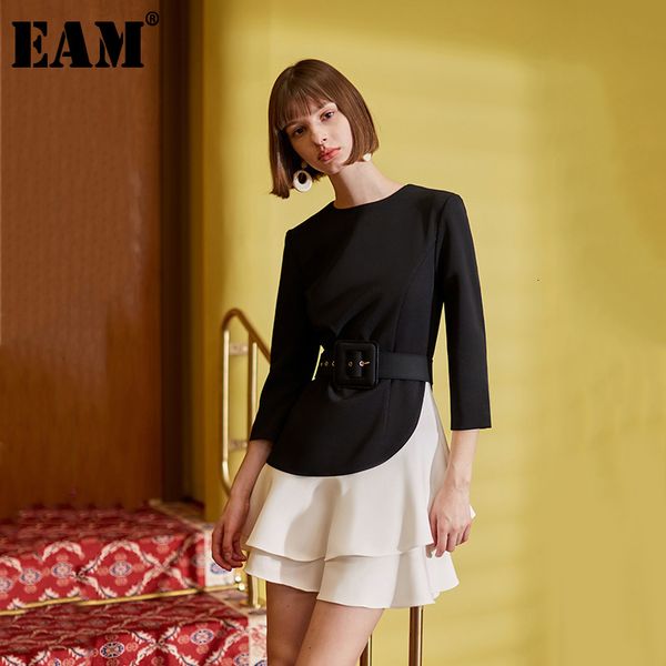 

[eam] women black contrast color ruffles dress round neck long sleeve loose fit fashion spring autumn 1h003 21512, Black;gray