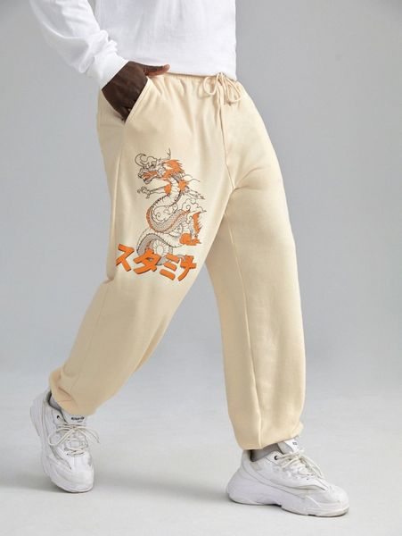 

extended sizes men japanese letter & chinese dragon graphic drawstring waist sweatpants h51k#, Black