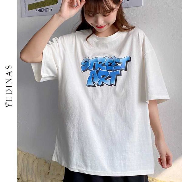 

yedinas letter printed t shirt women summer casual tee aesthetic y2k korean style kawaii oversized short sleeve t-shirts 210527, White