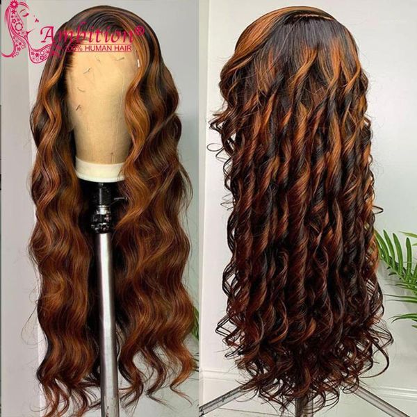 

remy ombre preplucked human hair lace front wigs dark root highlight frontal 180% wavy for women1, Black;brown