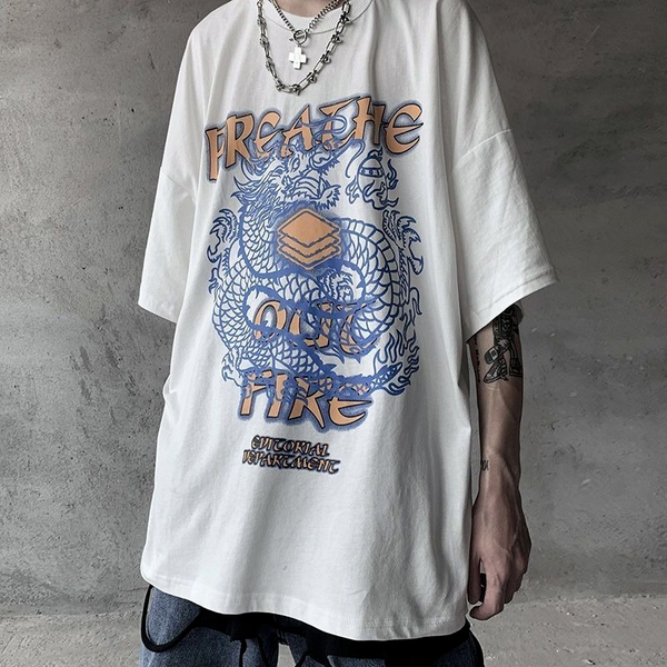 

summer plus size womens tshirts street oversize t shirt dark loose print new hip hop trend korean retro letter short sleeved, White