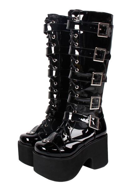 

boots angelic imprint handmade women motorcycle cool punk lady lolita shoes woman high heels pumps straps rivets 10cm 33-47 919, Black