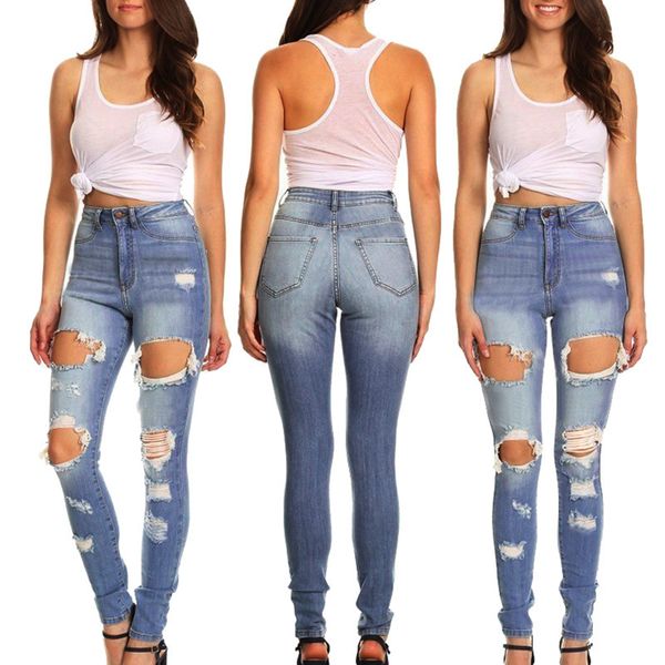 

high waist skinny ripped jeans women korean fashion hollow hole pocket trousers washed blue denim jeans bleached pencil pants clothing
