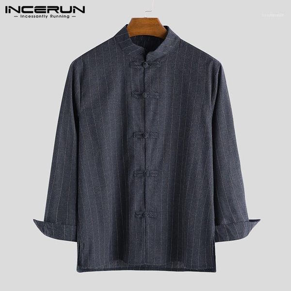 

men's casual shirts incerun vintage striped shirt men cotton 2021 button long sleeve stand collar elegant chinese style retro shirts1, White;black