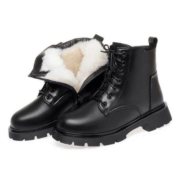 Frauen Winterstiefel Echtes Leder Mode Wolle Warme Frauen Stiefeletten Große Größe Britischen Stil Frauen Motorrad Stiefel 210911