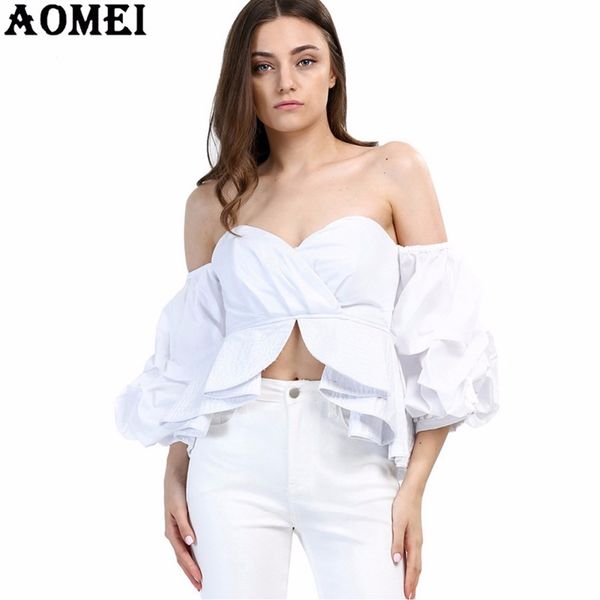 Camicetta da donna con maniche a sbuffo bianca e blu con volant Camicia sexy avvolta sul petto Camicia da festa casual estiva Chemisier Femme Top da donna 210416