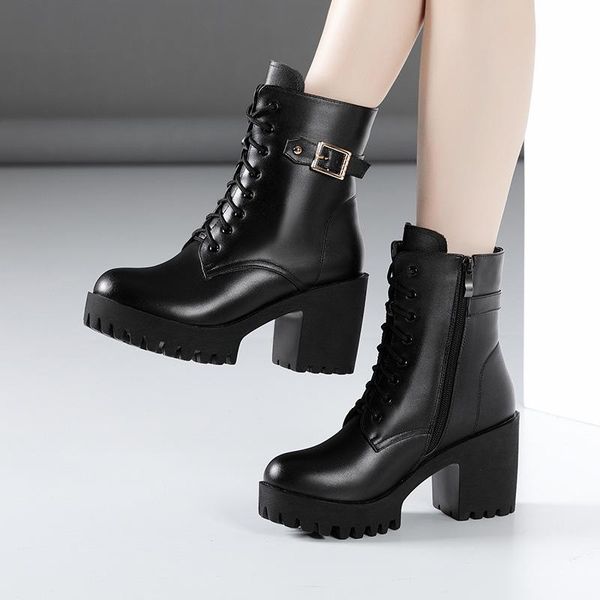 

boots british style plus size 32-43 block heel motorcycle platfom shoes women winter 2021 high heels leather office, Black