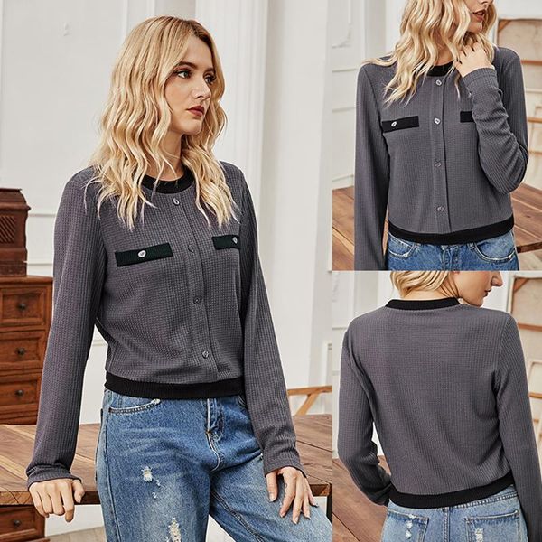 

autumn round neck sweater buttons solid color short false cardigan thin bottom for women's dress 9128 jackets, Black;brown