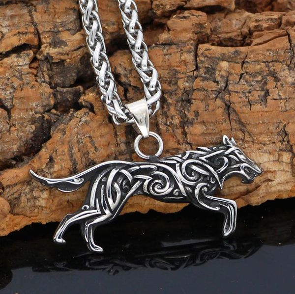 

pendant necklaces men viking stainless steel geri and freki knot wolf necklace with valknut gift bag, Silver
