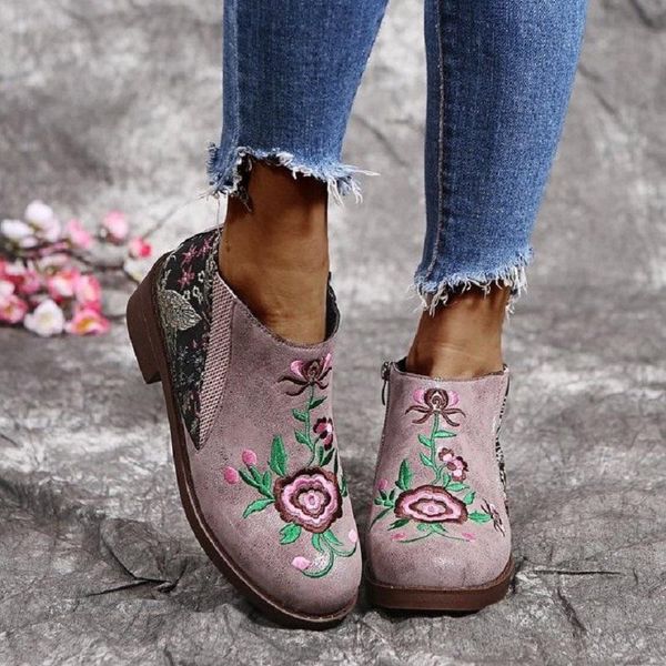 

boots autumn winter women ankle embroidered low heels platform ladies shoes round toe zipper vintage female, Black