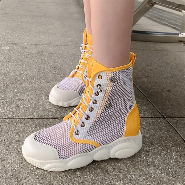 

large size 34-43 women spring summer mesh short boots breathable gladiator sandals flat platform shoes lace up soft punk, Black