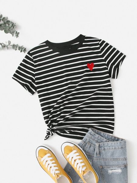 

heart embroidery striped tee s6v2#, White