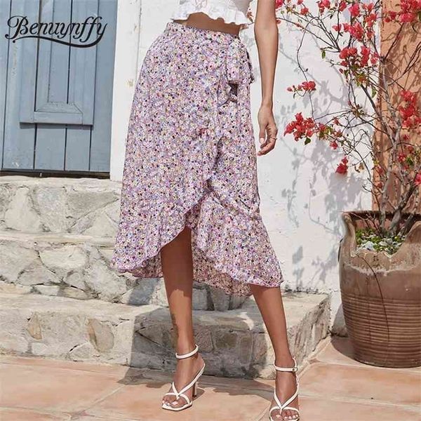 

floral print tie side wrap long skirts women summer holiday boho casual high waist female ruffle skirt 210510, Black
