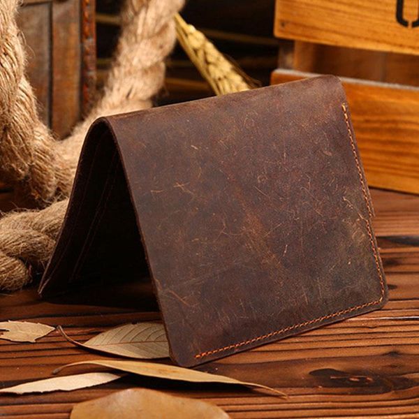 

vintage men crazy horse leather bifold wallet genuine card holder, Red;black
