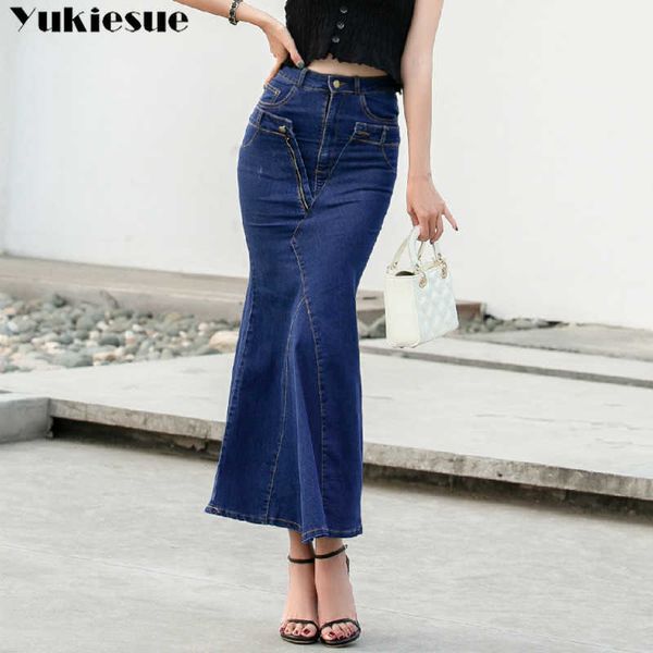 

slim high waist midi jean long skirt women skinny trupmet mermaid streetwear skirts female denim spring summer 210608, Black
