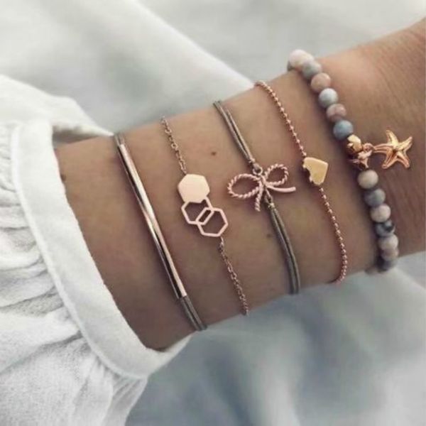 

kimter bohemia multi-layer bracelets set women handmade love starfish stretch bead bracelet jewelry summer beach chain charm anklet k76fa, Golden;silver